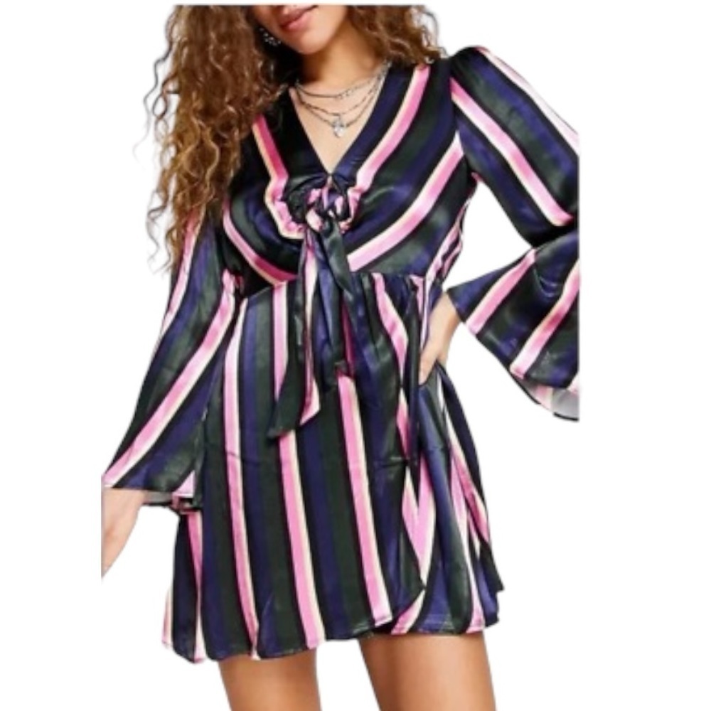 NWT Topshop Striped Print Mini Dress Tie Front Multicolour Sz 6 Bell Sleeves